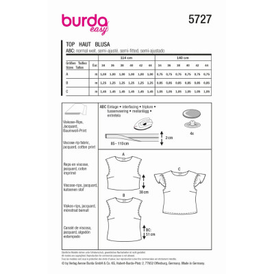 Střih Burda 5727, návod k šití: halenka s propínáním na zádech, top bez rukávů, crop top