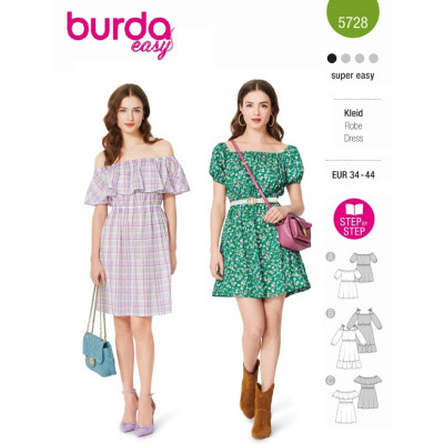 Střih Burda 5728, návod k šití: šaty s volánky, nabírané šaty, šaty se spadlými rameny, šaty Carmen