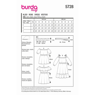 Střih Burda 5728, návod k šití: šaty s volánky, nabírané šaty, šaty se spadlými rameny, šaty Carmen