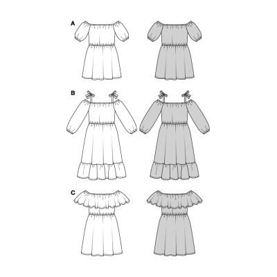 Střih Burda 5728, návod k šití: šaty s volánky, nabírané šaty, šaty se spadlými rameny, šaty Carmen