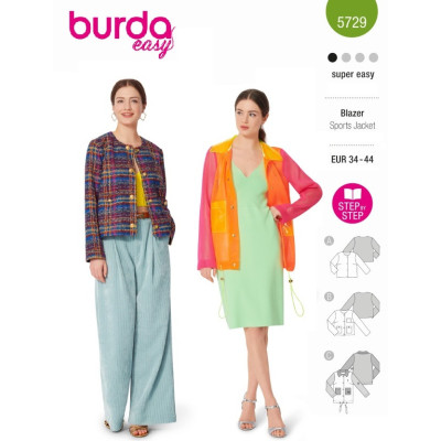 Střih Burda 5729, návod k šití: kabátek, francouzské sako, sportovní bunda