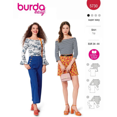 Střih Burda 5730, návod k šití: tričko s lodičkovým výstřihem, tričko se spadlými rameny