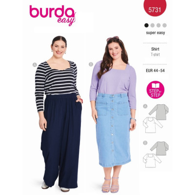 Střih Burda 5731, návod k šití: tričko se srdíčkovým výstřihem, tričko s hranatým výstřihem