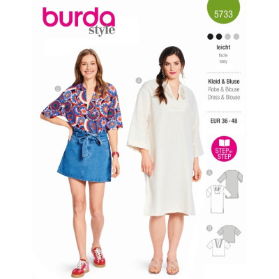 Střih Burda 5733, návod k šití: volné tunikové šaty, halenka s plastronem
