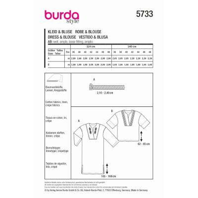 Střih Burda 5733, návod k šití: volné tunikové šaty, halenka s plastronem