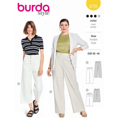 Střih Burda 5735, návod k šití: kalhoty s rovnými nohavicemi, lněné kalhoty, 7/8 džínové kalhoty, mom jeans