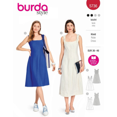 Střih Burda 5736, návod k šití: šaty na ramínka, šaty s rozšířenou sukní, lněné šaty