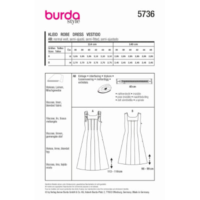 Střih Burda 5736, návod k šití: šaty na ramínka, šaty s rozšířenou sukní, lněné šaty