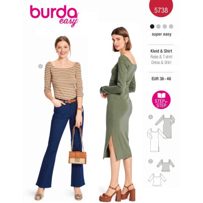 Střih Burda 5738, návod k šití: tričkové šaty, žerzejové šaty, tričko s hranatým výstřihem