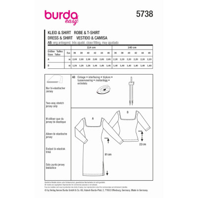 Střih Burda 5738, návod k šití: tričkové šaty, žerzejové šaty, tričko s hranatým výstřihem
