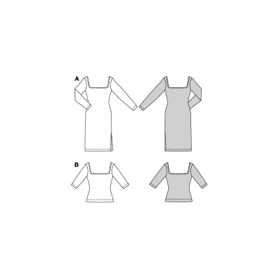 Střih Burda 5738, návod k šití: tričkové šaty, žerzejové šaty, tričko s hranatým výstřihem