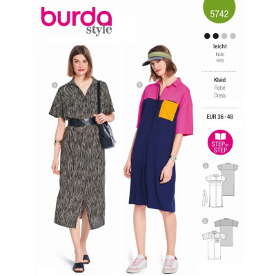 Střih Burda 5742, návod k šití: košilové šaty, sportovní šaty, polo šaty