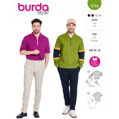 Střih Burda 5744, návod k šití: pánská mikina se stojáčkem, polo tričko na zip