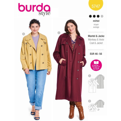 Střih Burda 5747, návod k šití: trenčkot, kabát s dvouřadým zapínáním