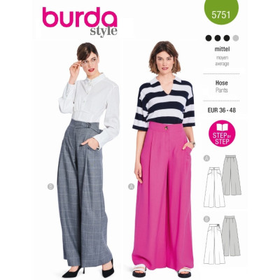 Střih Burda 5751, návod k šití: kalhoty se širokými nohavicemi, kalhotová sukně