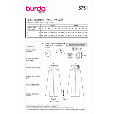 Střih Burda 5751, návod k šití: kalhoty se širokými nohavicemi, kalhotová sukně