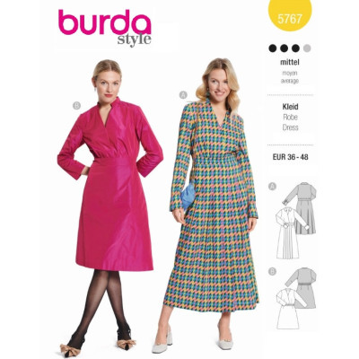 Střih Burda 5767, návod k šití: zavinovací šaty, košilové šaty, taftové šaty