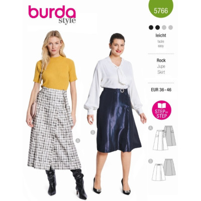 Střih Burda 5766, návod k šití: zavinovací sukně, midi sukně, flanelová sukně, taftová sukně
