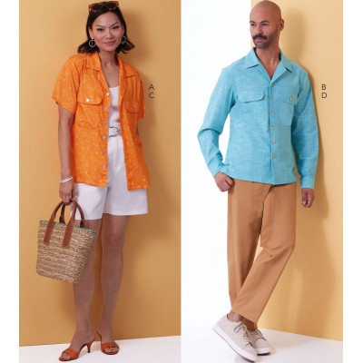 Střih Butterick 6984 dámská a pánská košile, šortky a kalhoty se sklady