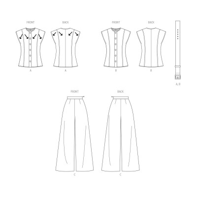 Střih Butterick 7028 propínací top, kalhoty se širokými nohavicemi