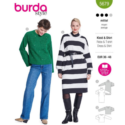 Střih Burda 5679, návod k šití: mikinové šaty, rolákové šaty, svetr