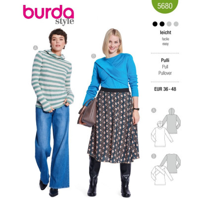 Střih Burda 5680, návod k šití: mikina s kapucí, pletený upnutý top s překřížením