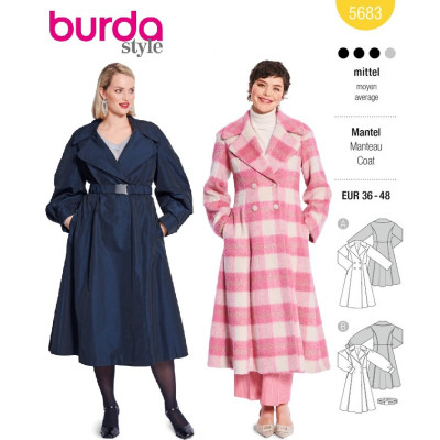 Střih Burda 5683, návod k šití: kabát s dvouřadým zapínáním, kabát se širokou sukní