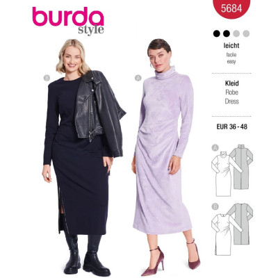 Střih Burda 5684, návod k šití: úzké rolákové šaty, midi šaty s asymetrickým řasením
