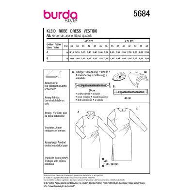Střih Burda 5684, návod k šití: úzké rolákové šaty, midi šaty s asymetrickým řasením