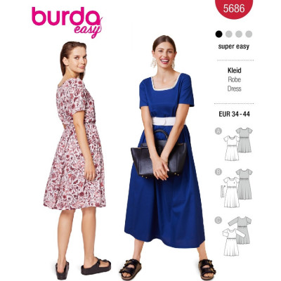 Střih Burda 5686, návod k šití: šaty s gumičkou v pase, midi šaty s rozšířenou sukní