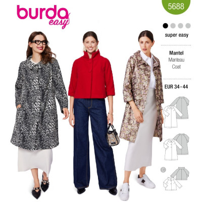 Střih Burda 5688, návod k šití: retro kabát, áčkový kabát, krátký kabátek