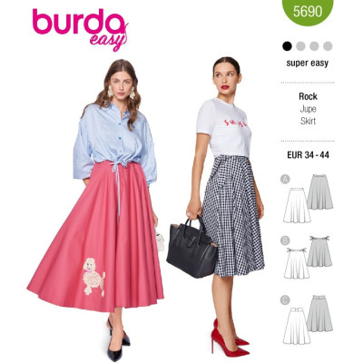 Střih Burda 5690, návod k šití: široká sukně, kolová sukně, dlouhá sukně