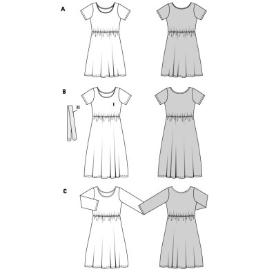Střih Burda 5686, návod k šití: šaty s gumičkou v pase, midi šaty s rozšířenou sukní