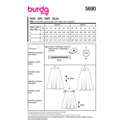Střih Burda 5690, návod k šití: široká sukně, kolová sukně, dlouhá sukně