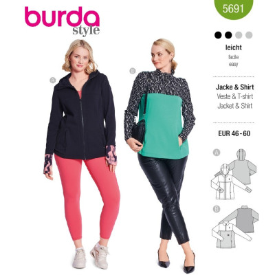 Střih Burda 5691, návod k šití: sportovní tričko, funkční bunda na zip