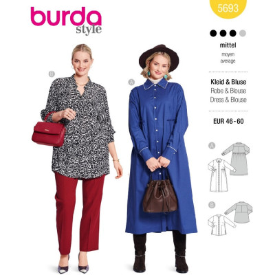 Střih Burda 5693, návod k šití: košilové šaty, kabátové šaty, košilová tunika