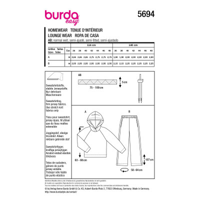 Střih Burda 5694, návod k šití: mikina s kapucí, teplákové kalhoty s gumou v pase