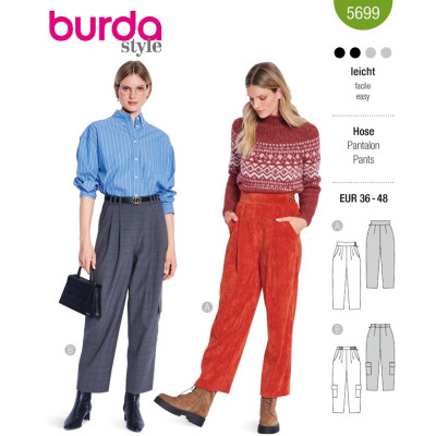 Střih Burda 5699, návod k šití: kalhoty se sklady, cargo kalhoty, kalhoty s vysokým pasem