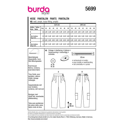Střih Burda 5699, návod k šití: kalhoty se sklady, cargo kalhoty, kalhoty s vysokým pasem