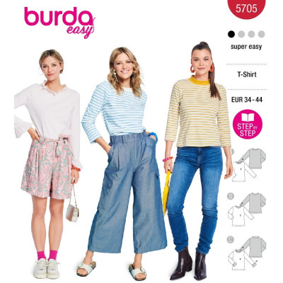 Střih Burda 5705, návod k šití: tričko se širokým krčním lemem, tričko s dlouhým rukávem