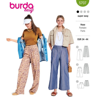 Střih Burda 5707, návod k šití: kalhoty s gumou v pase, džínové kalhoty marlene se širokými nohavicemi, šortky