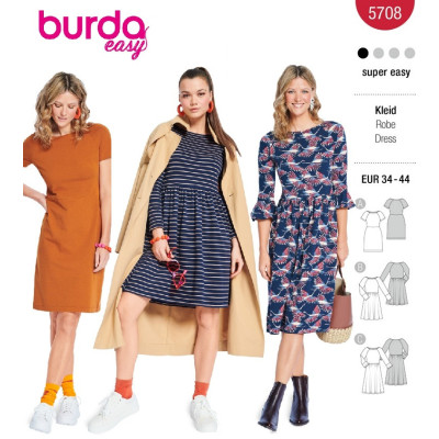 Střih Burda 5708, návod k šití: šaty s rozšířenou sukní, pouzdrové šaty, denní šaty