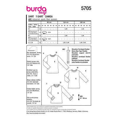 Střih Burda 5705, návod k šití: tričko se širokým krčním lemem, tričko s dlouhým rukávem