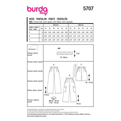 Střih Burda 5707, návod k šití: kalhoty s gumou v pase, džínové kalhoty marlene se širokými nohavicemi, šortky