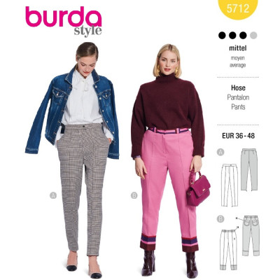 Střih Burda 5712, návod k šití: kalhoty s puky, elegantní úzké kalhoty