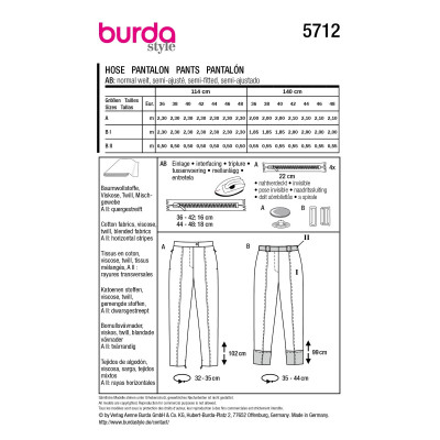 Střih Burda 5712, návod k šití: kalhoty s puky, elegantní úzké kalhoty