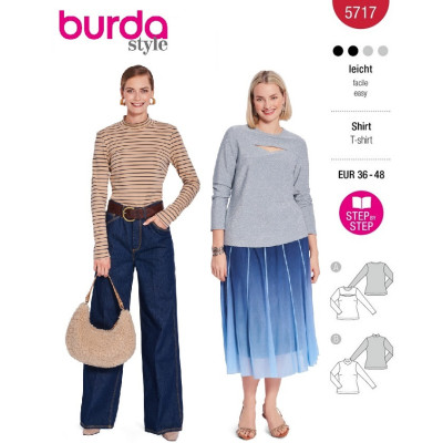 Střih Burda 5717, návod k šití: rolák, tričko s dlouhým rukávem, elegantní tričko s průstřihem