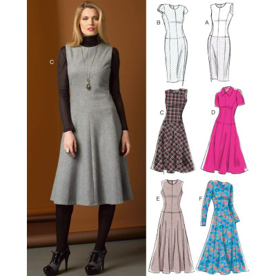 Střih Vogue 9025 šaty bez rukávů, šaty s límečkem, šaty s rozšířenou sukní, pouzdrové šaty