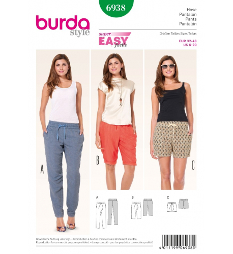 Střih Burda číslo 6938 jednoduché kalhoty, bermudy, šortky